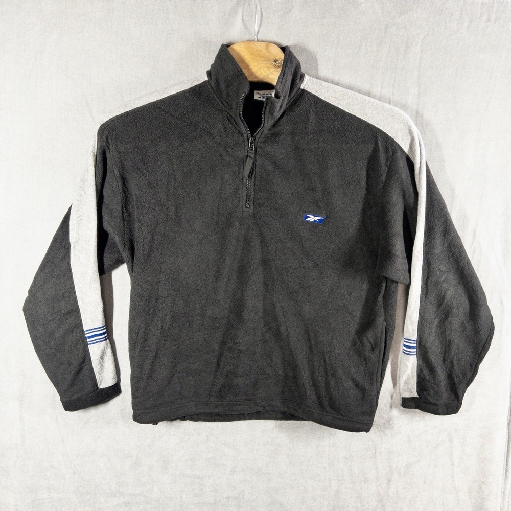 Vintage Reebok Qtr Zip Fleece Pullover Mens Medium Race Stripes Activewear Sport